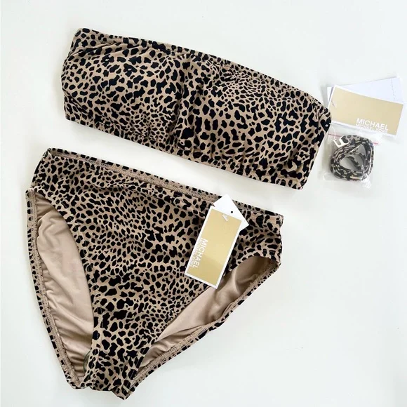 🔥 Closet Clearout!🔥 Michael Kors Khaki Cheetah Print Bandeau Bikini - Picture 1 of 2